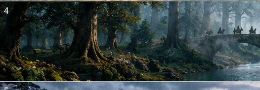 Hooded travelers on horseback cross a mossy stone bridge in a misty ancient old growth forest