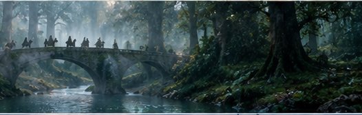 The Fellowship of the Ring rides across a mossy stone bridge over a river in a misty ancient forest