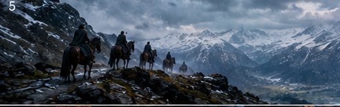 Line of cloaked horse riders traveling a narrow rocky alpine pass overlooking snow covered mounta...