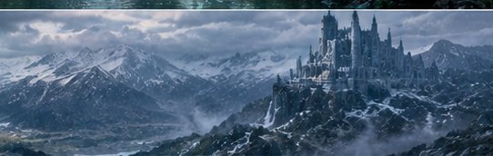 Tall gothic fantasy castle perched on a rocky cliff overlooking a snow-capped mountain range unde...