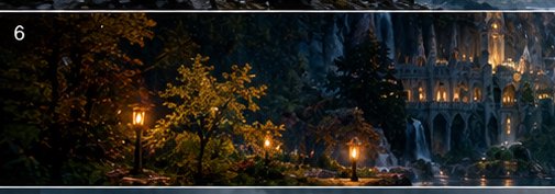 Lamplit twilight forest path leading to a glowing elven cliffside castle beside a cascading water...