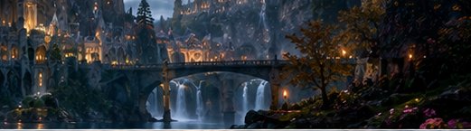 Enchanted elven fantasy city with lit stone arch bridge spanning cascading waterfalls at misty tw...