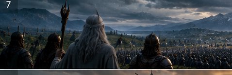 Grey robed wizard and armored leaders overlooking a massive gathered army beneath stormy mountain...