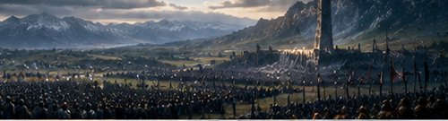Massed fantasy armies gather before a tall stone fortress beneath snow-capped mountain ranges at ...