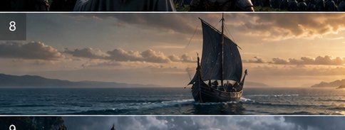 Traditional wooden viking longship sailing across calm open ocean beneath a golden sunset sky wit...