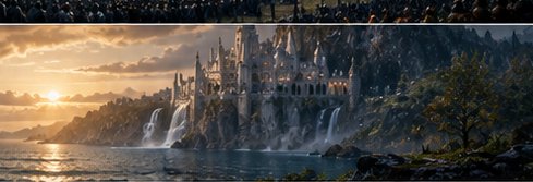 Ornate cliffside fantasy castle with cascading waterfalls overlooks the ocean at golden sunset