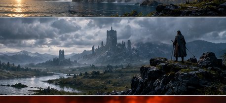 Hooded wanderer stands on a mossy cliff overlooking a crumbling medieval fantasy castle in a mist...