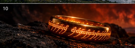 Glowing One Ring with elvish inscription resting on volcanic rock against a fiery red sky
