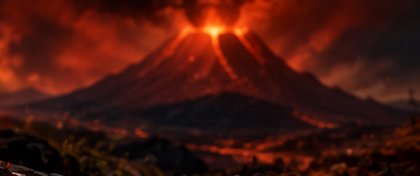 Erupting conical volcano glows with bright lava as orange smoke billows from its crater at night