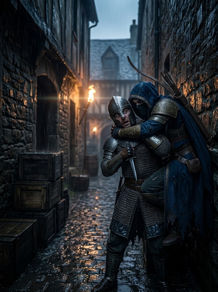 Hooded medieval assassin ambushes a shocked armored guard in a rainy narrow stone alley at dusk
