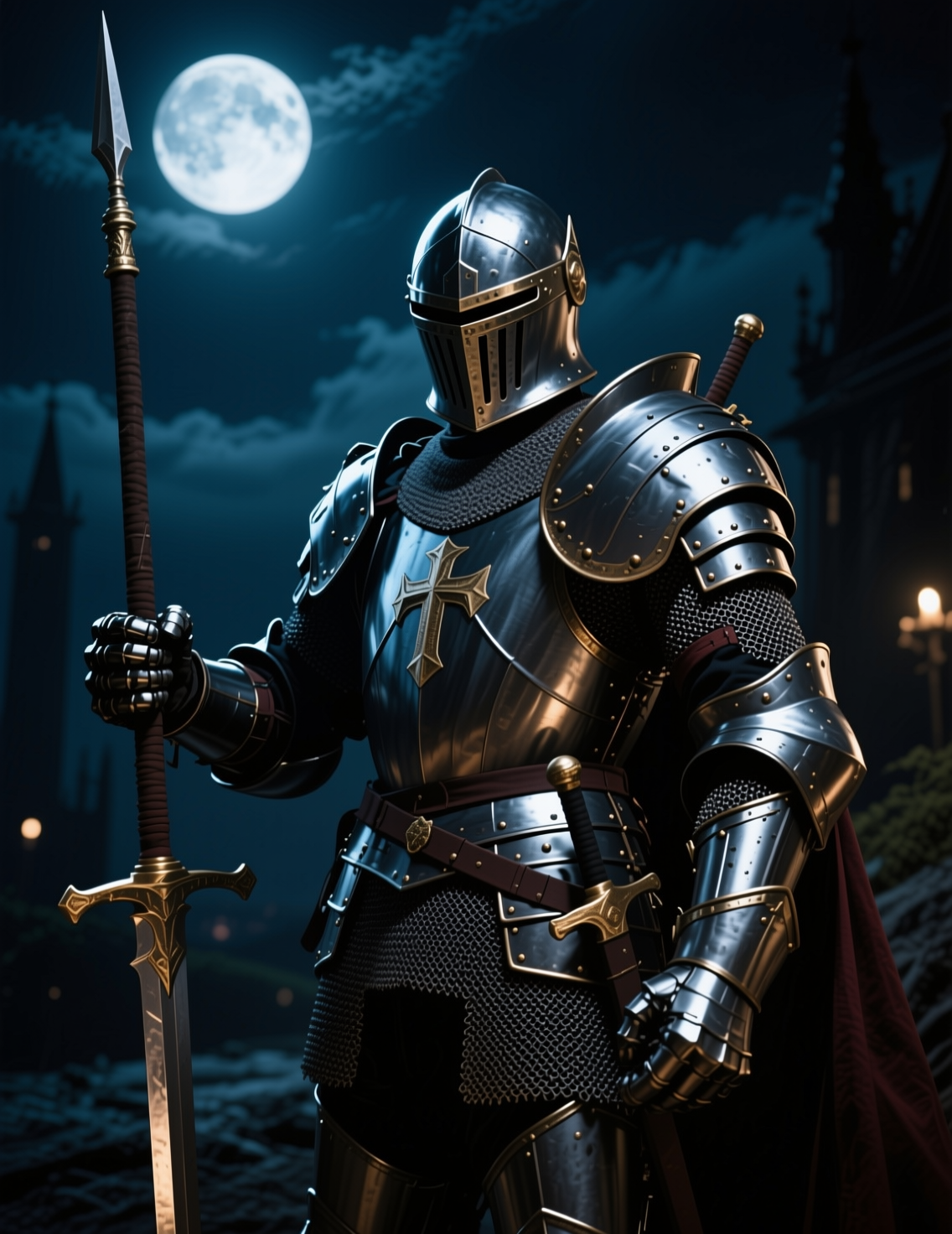 Polished steel armored crusader knight holds a spear standing beneath a bright full moon on a misty castle battlement