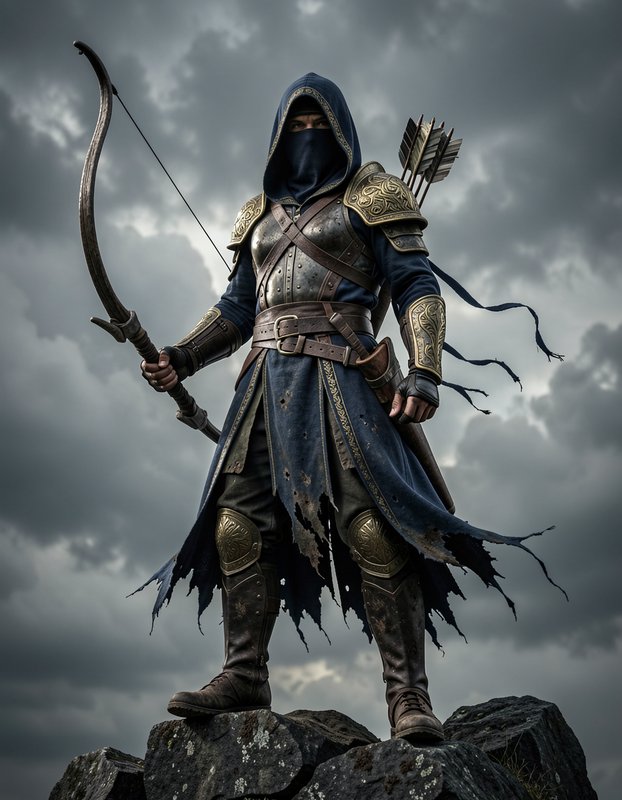 Hooded masked fantasy archer in ornate armor stands on a rocky cliff holding a bow under storm cl...