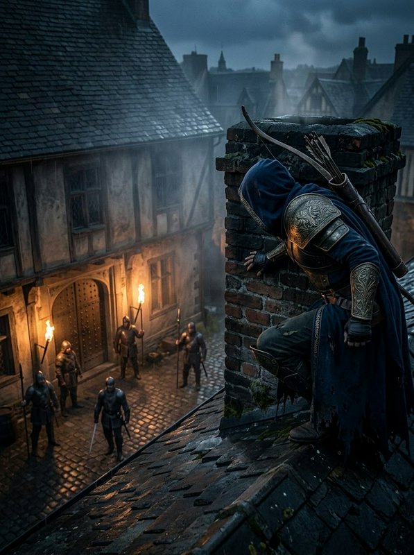 Hooded rogue archer crouches on a medieval rooftop observing armed guards patrolling a foggy cobb...