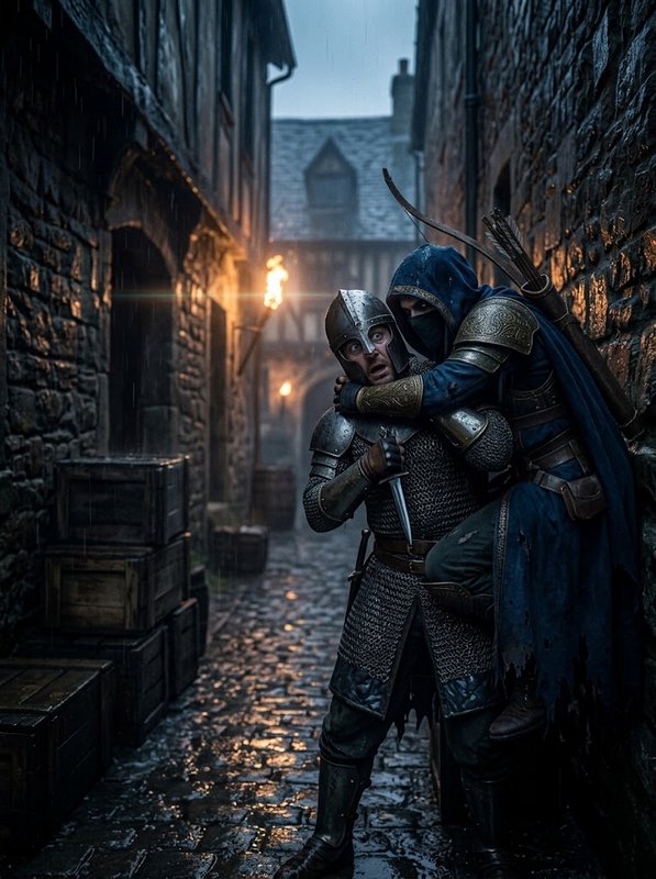 Hooded medieval assassin ambushes a shocked armored guard in a rainy narrow stone alley at dusk