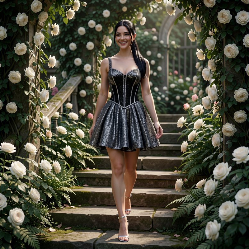 Smiling woman in a sparkly cocktail dress walks down a stone staircase in a white rose garden
