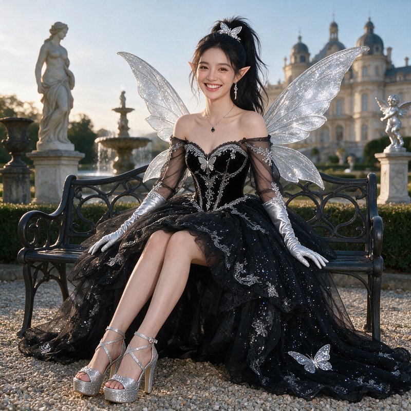 Smiling fairy elf with glittering silver wings sits on a bench in a sunlit palace garden