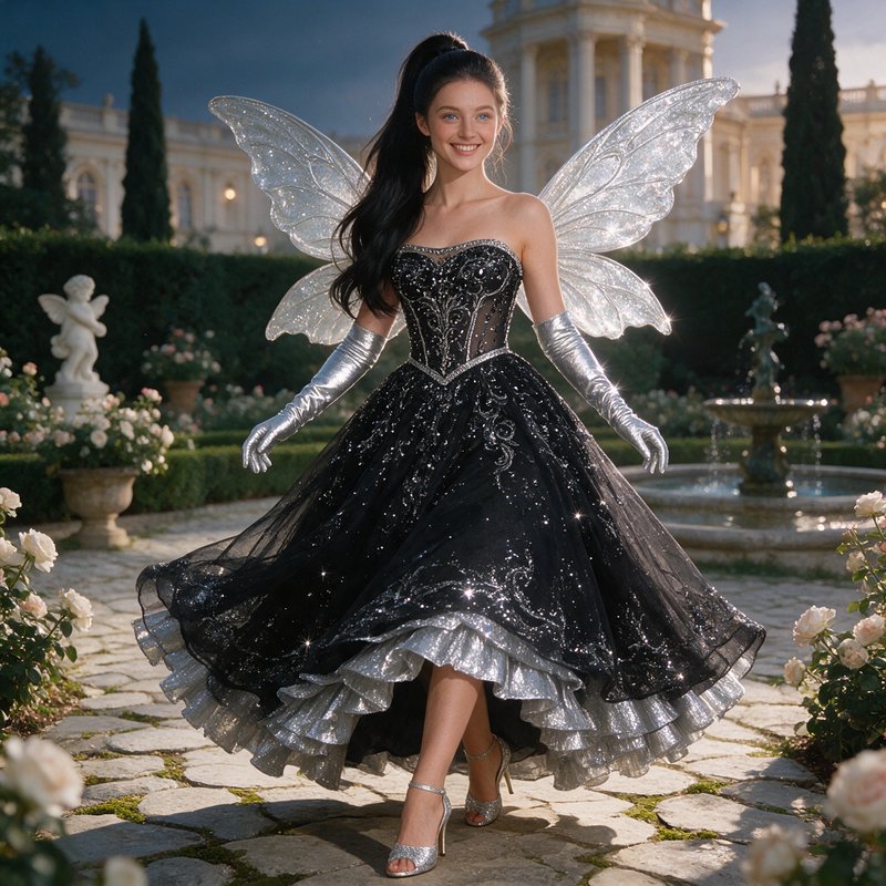Smiling fairy woman with glittering translucent wings wears a sparkly black ballgown in a formal palace rose garden