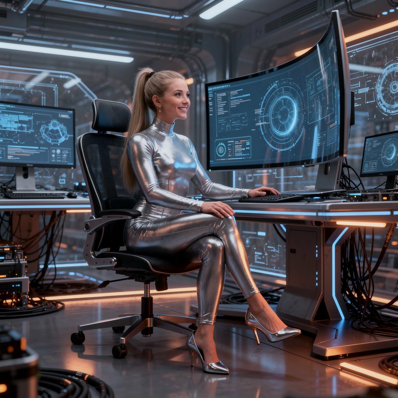 Smiling woman in a shiny silver catsuit works at a multi-monitor workstation in a futuristic control room