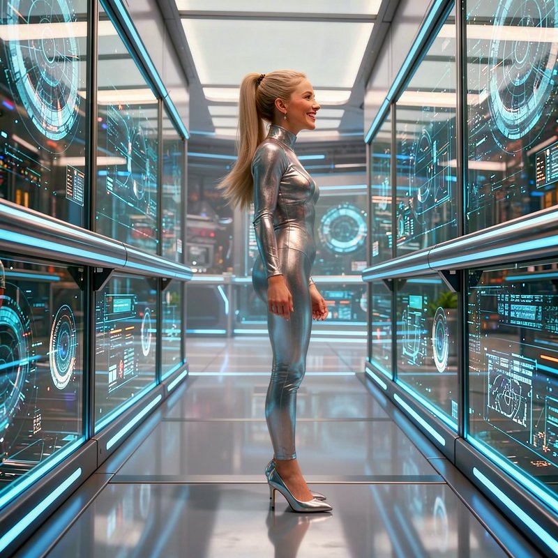 Smiling woman in a silver futuristic catsuit stands in a glowing holographic spaceship corridor