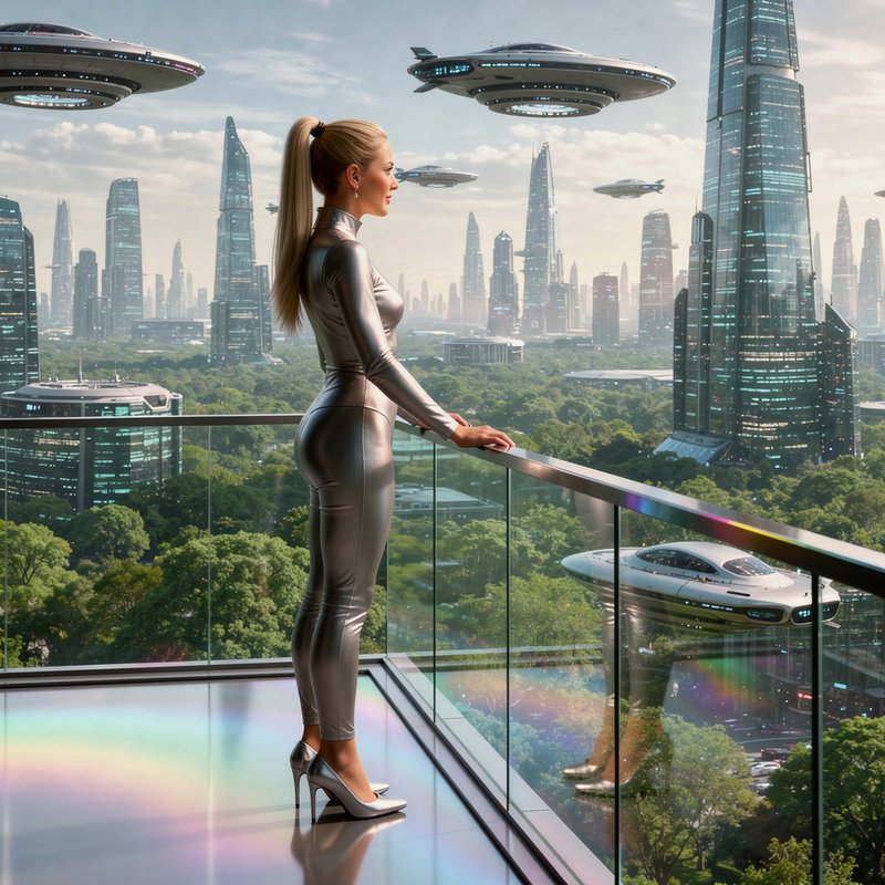 Woman in a silver catsuit stands on a high balcony overlooking a futuristic city with flying hover craft