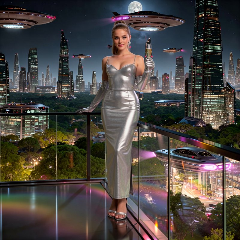 Glamorous woman in a shiny silver gown holds champagne on a balcony overlooking a futuristic night city with flying saucers
