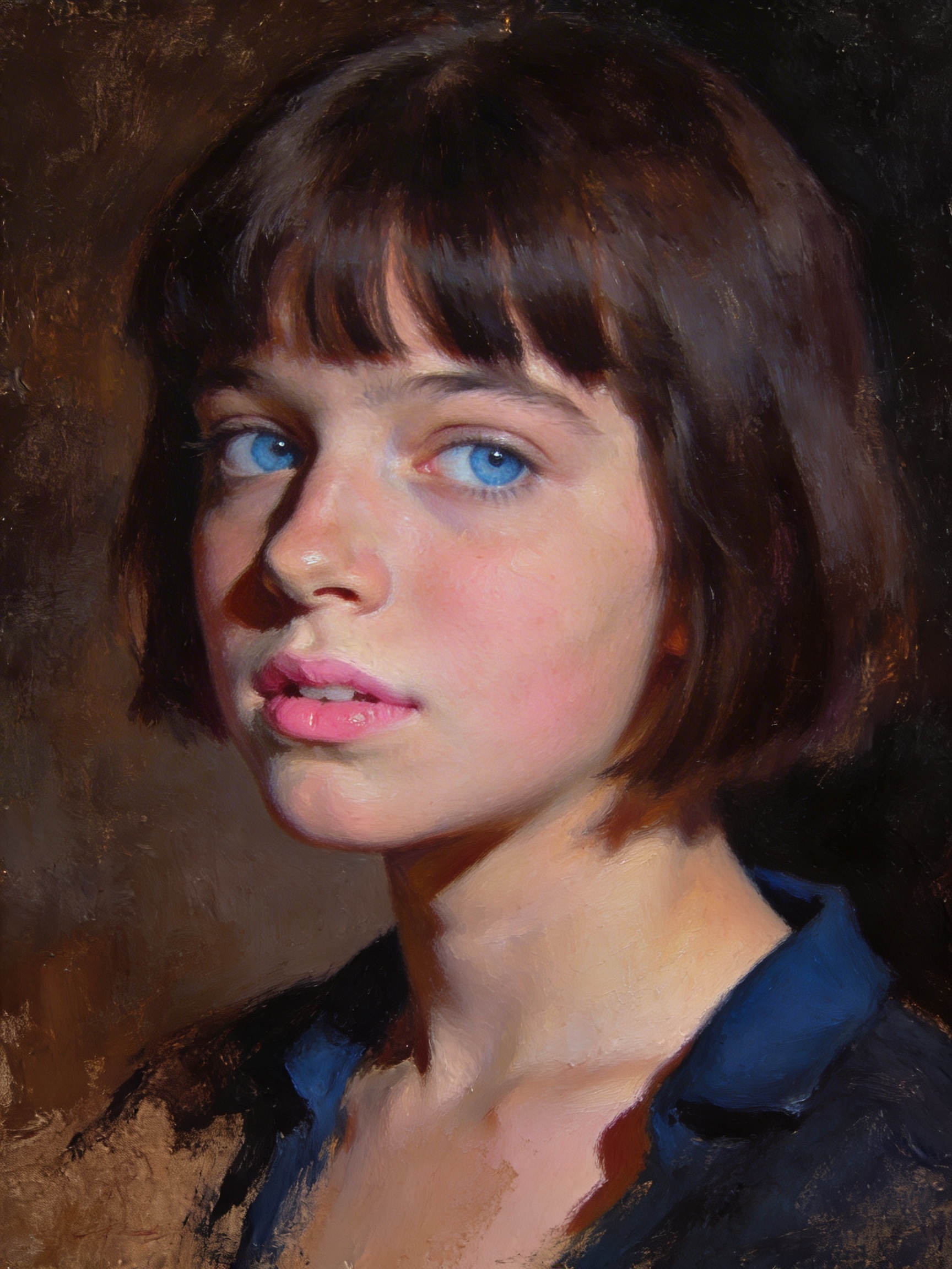 Portrait of a young woman with short brown hair, blue eyes, and pink lips in a realistic oil painting.