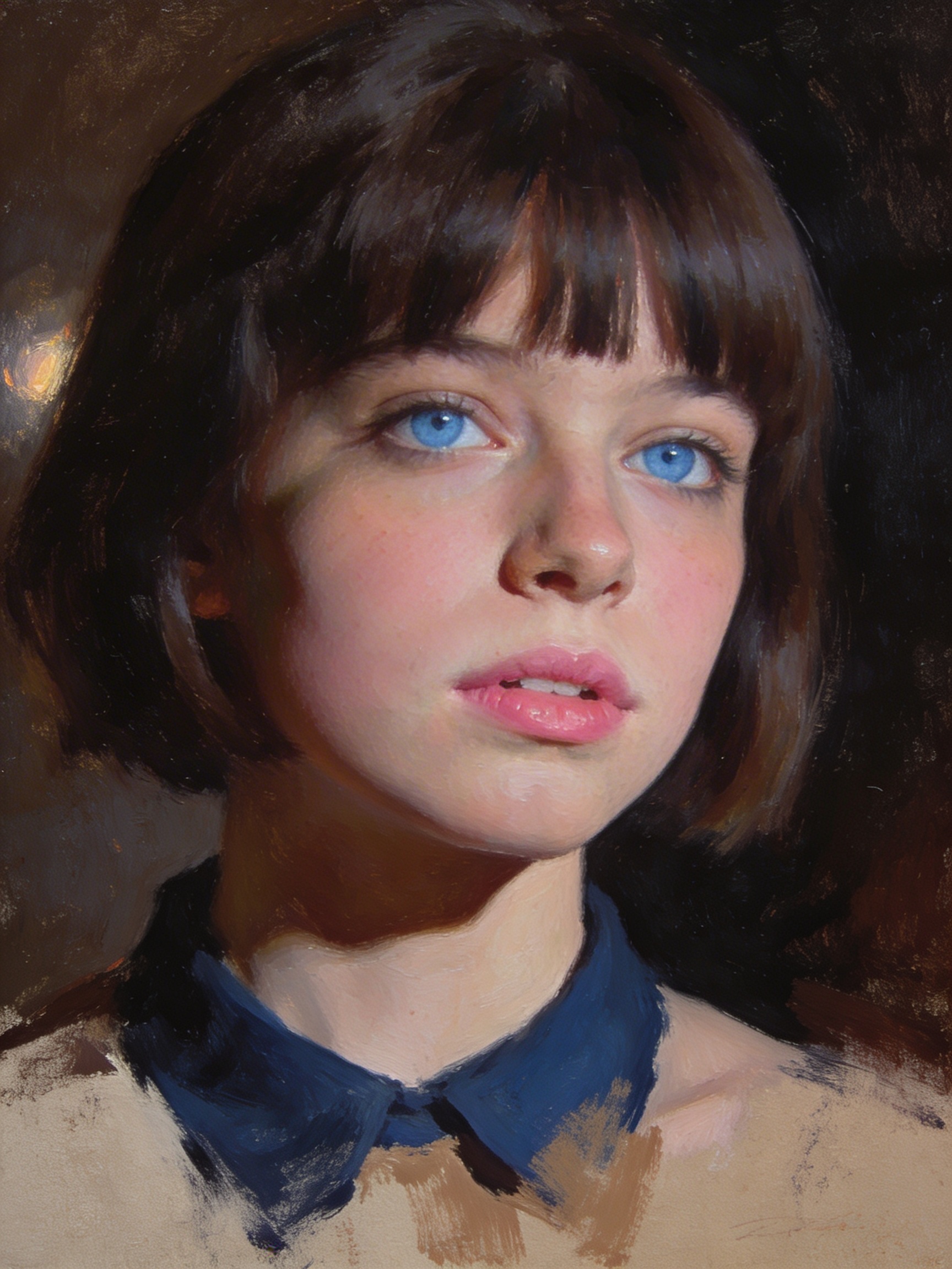 Portrait painting of a young woman with blue eyes and short dark hair wearing a blue collared shirt.