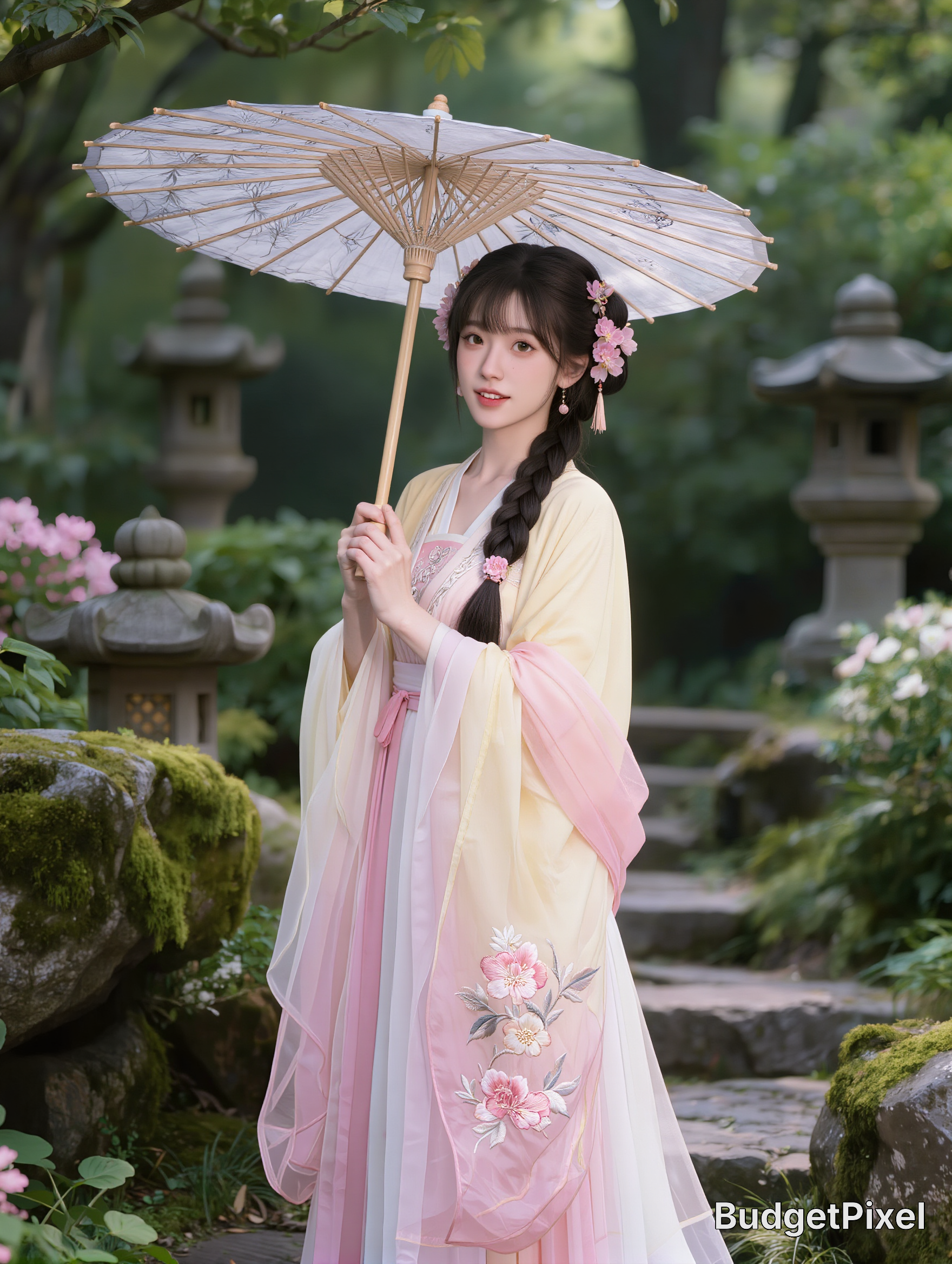 Traditional hanfu-clad woman with a parasol in a lush garden, pink floral embroidery.