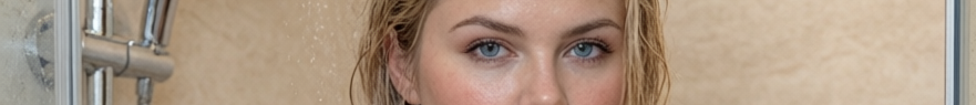 Close-up of a woman with bright blue eyes and wet blonde hair standing in a home shower