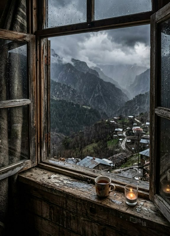 Weathered open wooden windowsill holding tea and a candle overlooks a rainy mountain village and ...