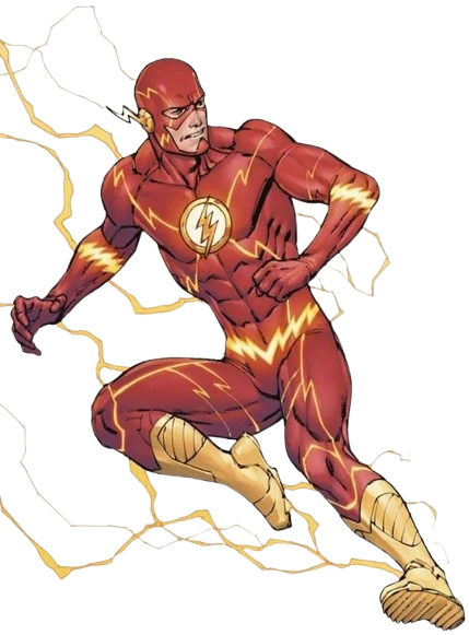 The Flash mid-sprint surrounded by glowing golden speed force lightning on a black background