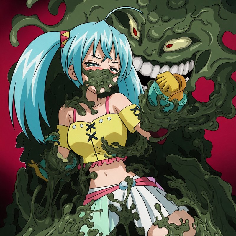 Distressed aqua-haired anime girl being engulfed by a menacing grinning green slime monster