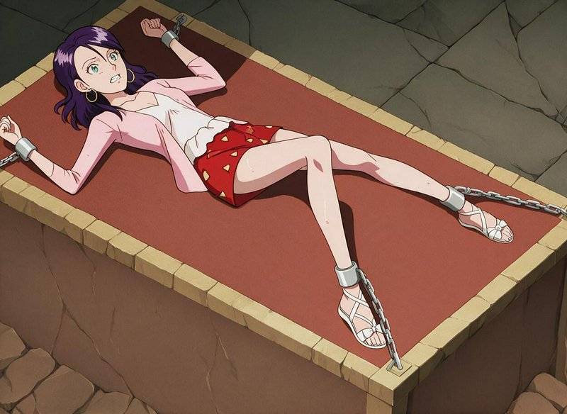 Distressed purple-haired anime woman restrained with metal chains lying on a stone platform