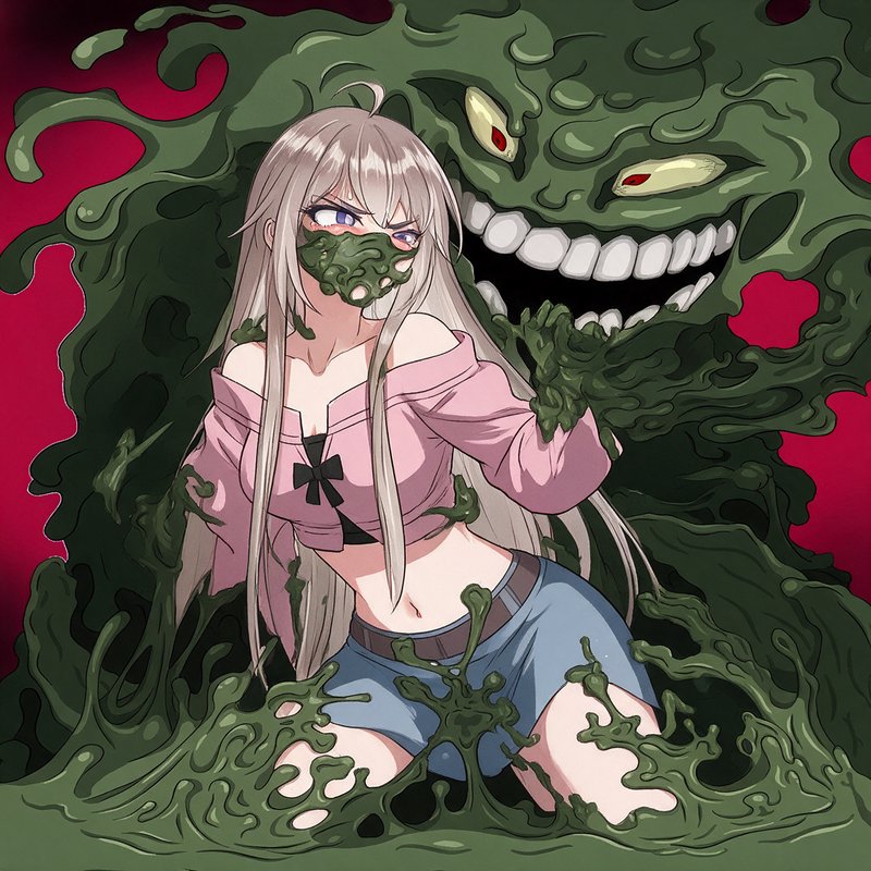 Angry anime girl partially trapped by a grinning green slime monster that covers her mouth against a dark red background