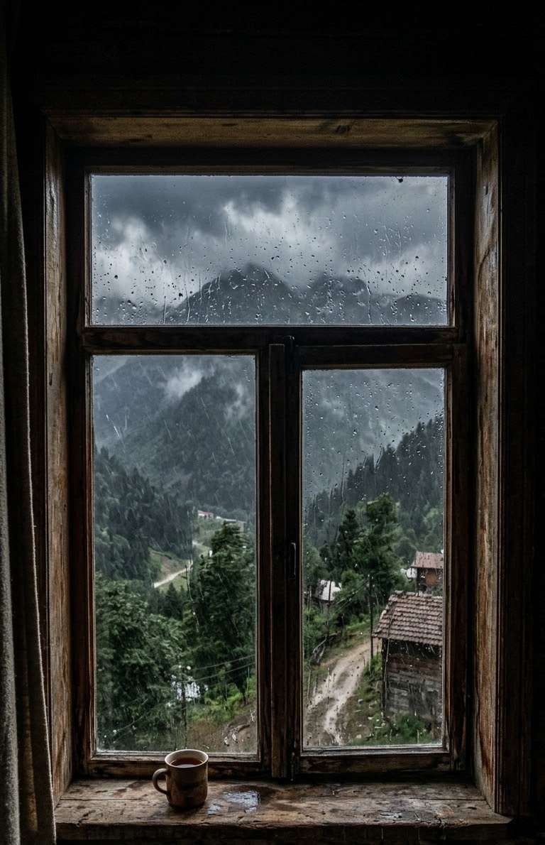 Rain streaked wooden cabin window frames a misty stormy mountain village, with a tea mug on the windowsill