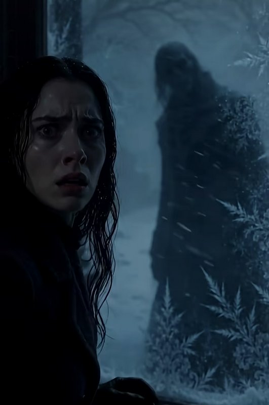 Terrified wide-eyed woman looks back as a shadowy hooded figure looms outside a frosted icy window