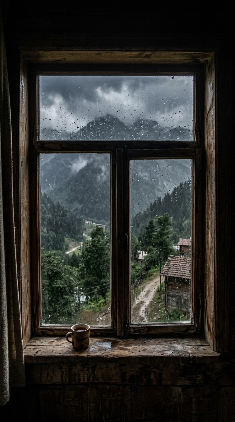 Ceramic tea mug on weathered cabin windowsill looks out at rainy misty mountain village