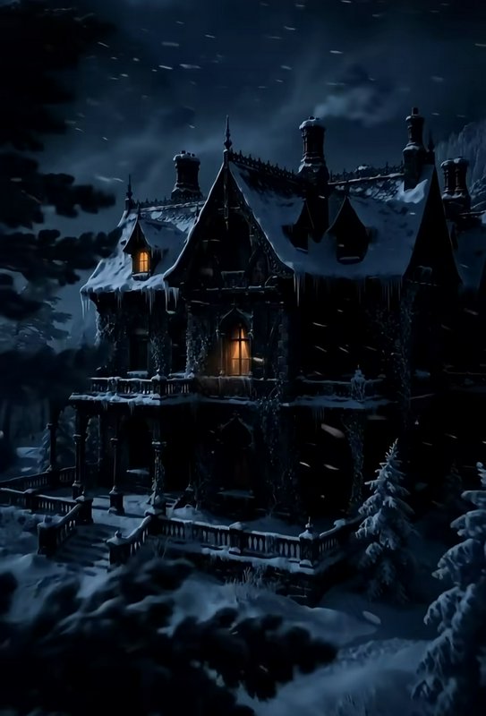 Snow-covered gothic manor glows with warm window light during a dark winter snowstorm at night