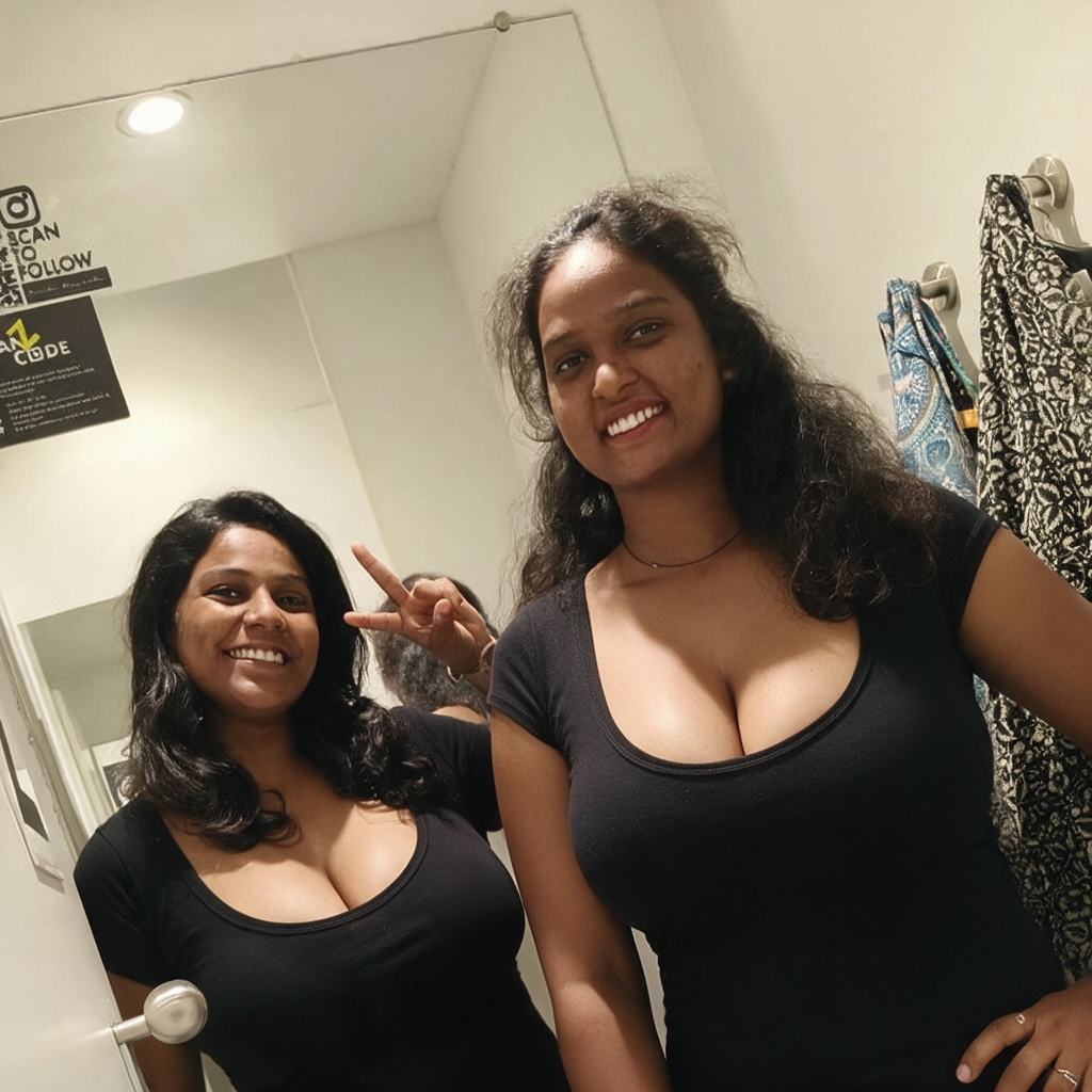 Two smiling women pose for a playful mirror selfie inside a clothing store fitting room