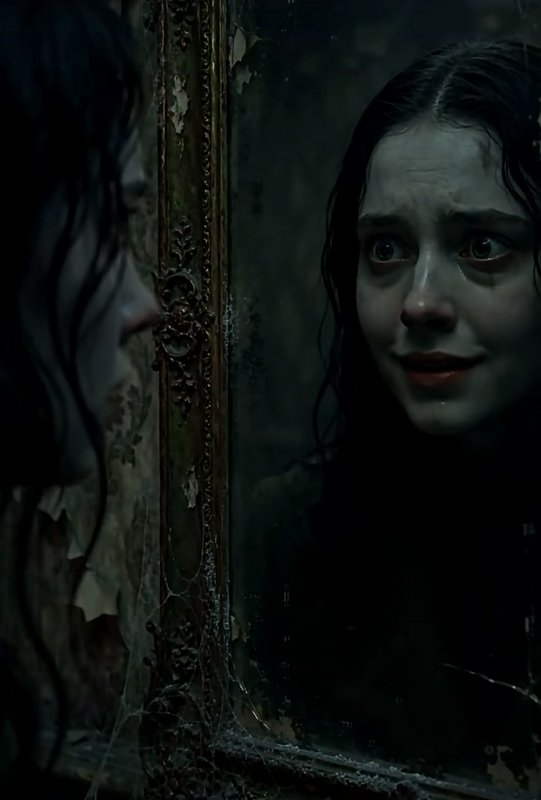 Terrified teary young woman stares into a cracked cobwebbed antique mirror next to her ghostly reflection