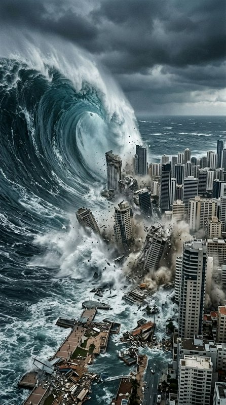Massive towering tsunami wave destroying a coastal skyscraper city under dark storm clouds