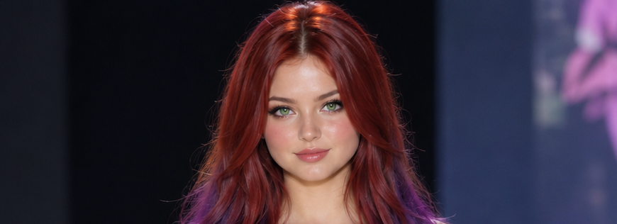 Close-up portrait of a young woman with wavy red-to-purple gradient hair and bright green eyes
