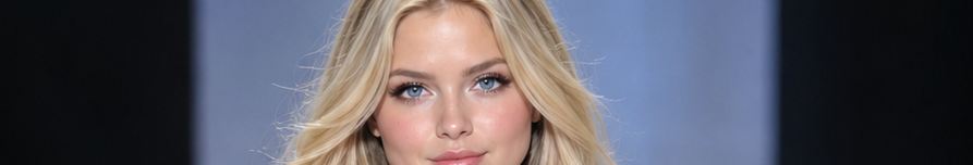 Close-up portrait of a blonde woman with bright blue eyes looking directly at the viewer