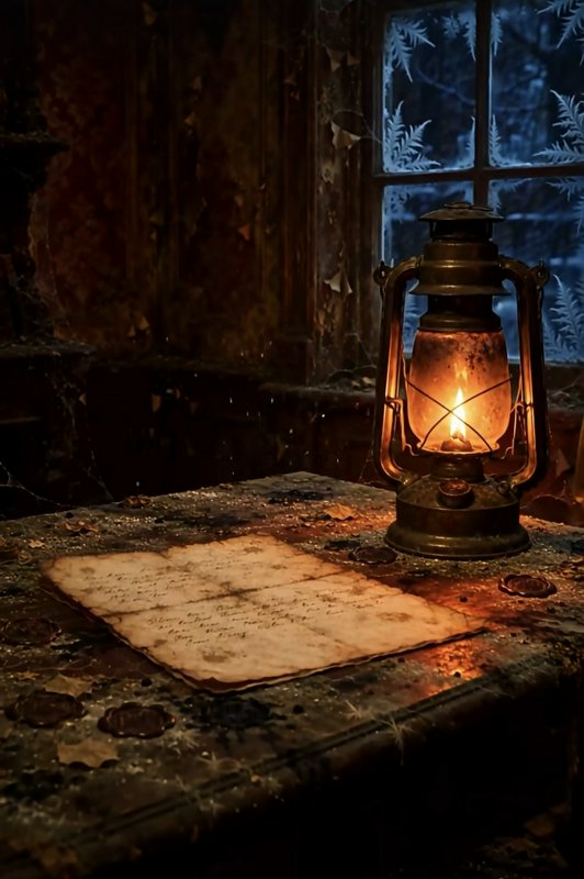 Lit vintage hurricane lamp sits beside an aged handwritten letter on a dusty cabin table next to ...