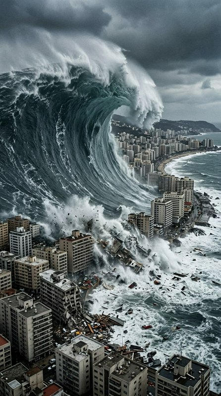 Giant curling tsunami wave crashing into a densely populated coastal high-rise city under dark st...