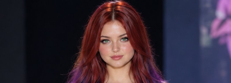 Close-up portrait of a young woman with wavy red-to-purple gradient hair and bright green eyes