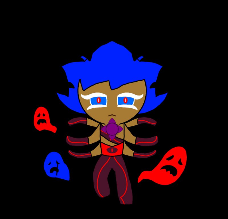 Chibi multi-armed fantasy character with bright blue hair stands surrounded by sad floating ghost...