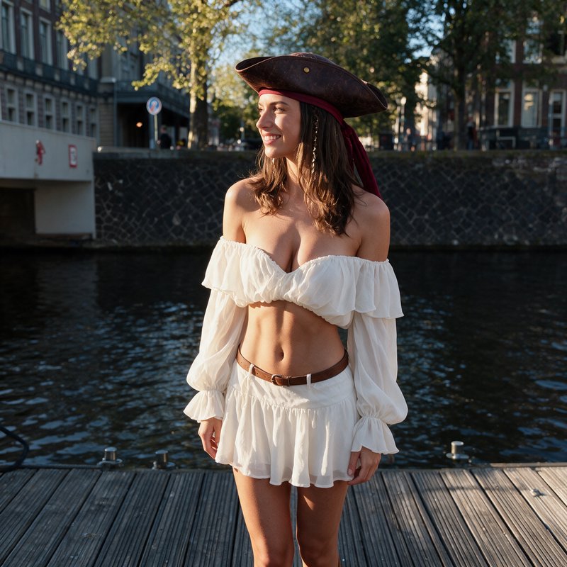 Smiling woman in a pirate costume stands on a wooden canal dock, looking left in warm golden hour...