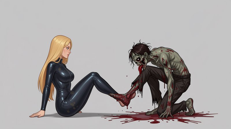 Stoic blonde woman in a black catsuit sits as a blood-covered zombie kneels licking her injured b...