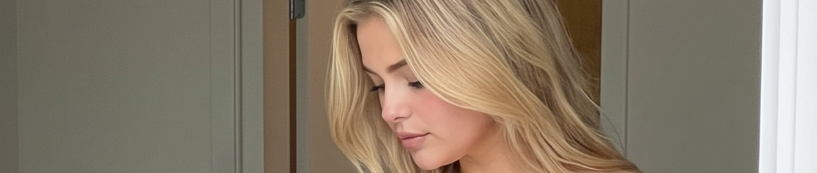 Close up portrait of a woman with long wavy blonde hair looking down indoors